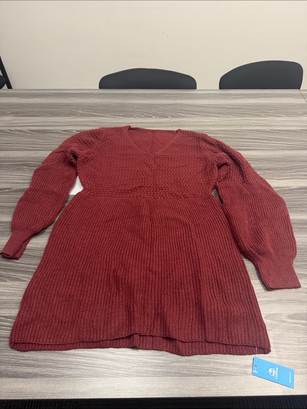 Cupshe Wine Red V-Neck Ribbed Knit Sweater Dress